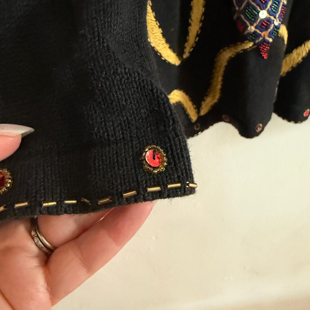 90s Vintage Victoria Jones WHimsical Beaded Christmas Sweater Detachable Collar - Picture 7 of 8